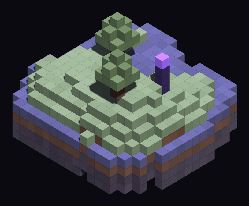 An isometric voxel island, a small Minecraft world